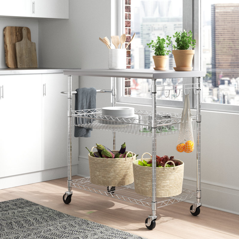 Îlot de cuisine en acier inoxydable avec roues verrouillables 38,62 po Miriam