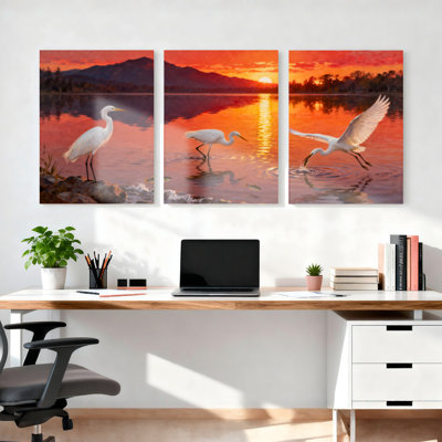 «Egrets at Sunset Landscape», ensemble de 3 reproductions d'art sur toile tendues