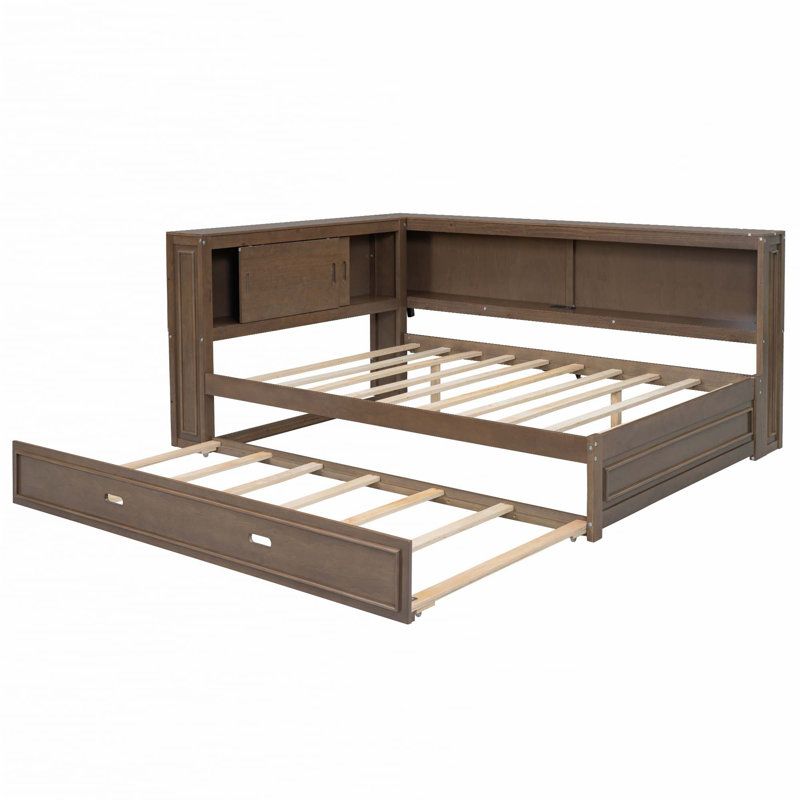 Full Size Wood Daybed with Storage Shelves, USB, LED, and Trundle, Wood