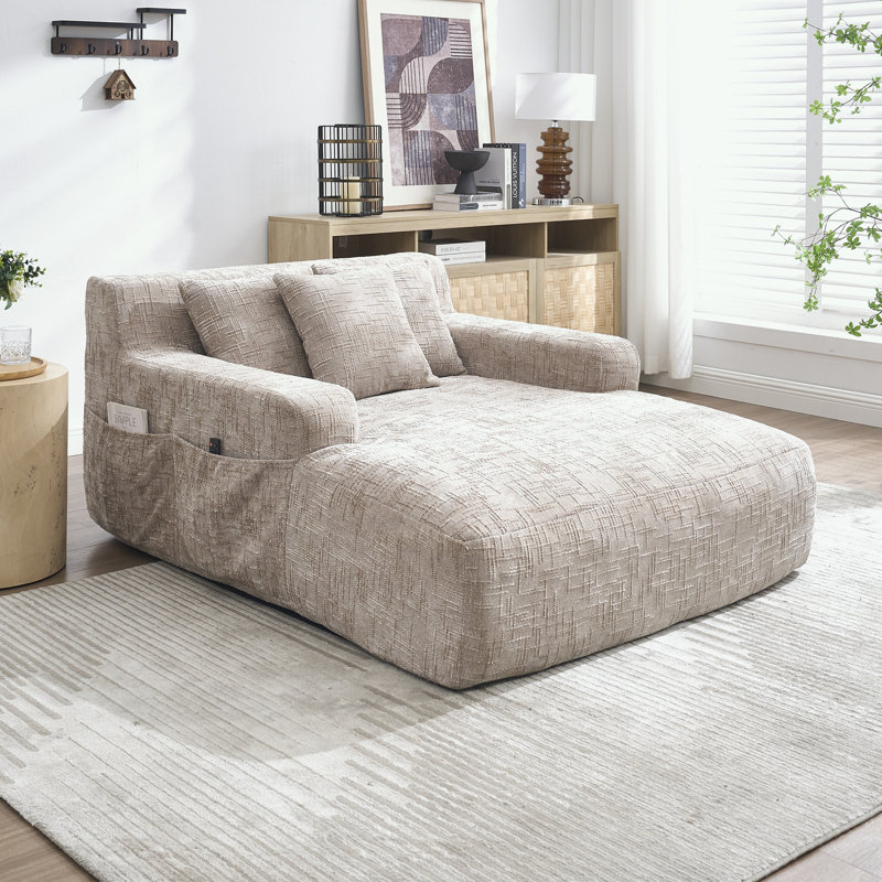 Chaise longue en chenille avec trois coussins et accoudoirs, Kaki