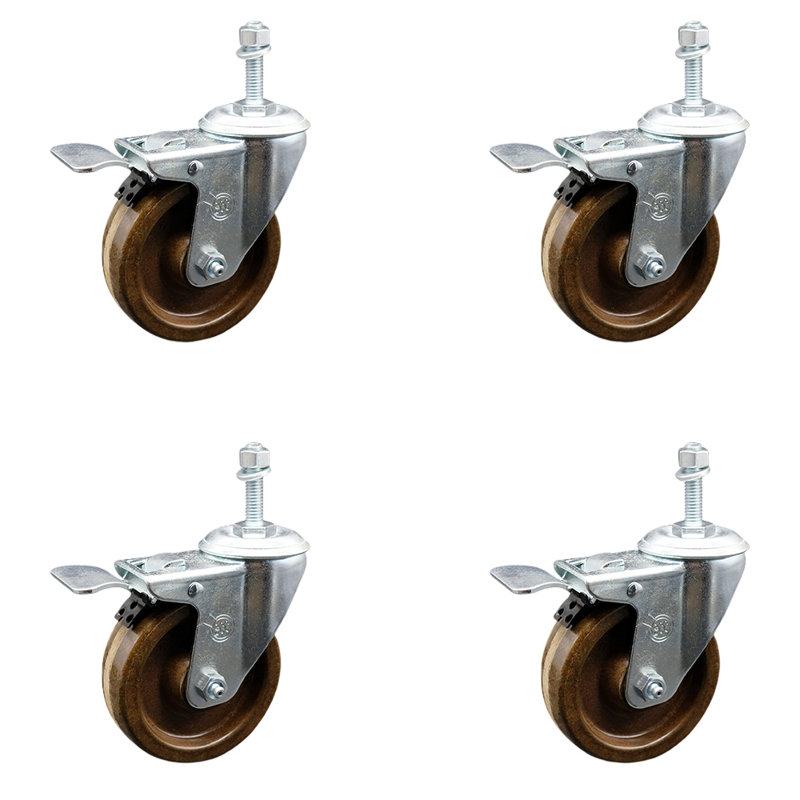 4 Inch High Temp Phenolic Swivel 3/8 Inch Stem Caster Set with Total Lock Brake