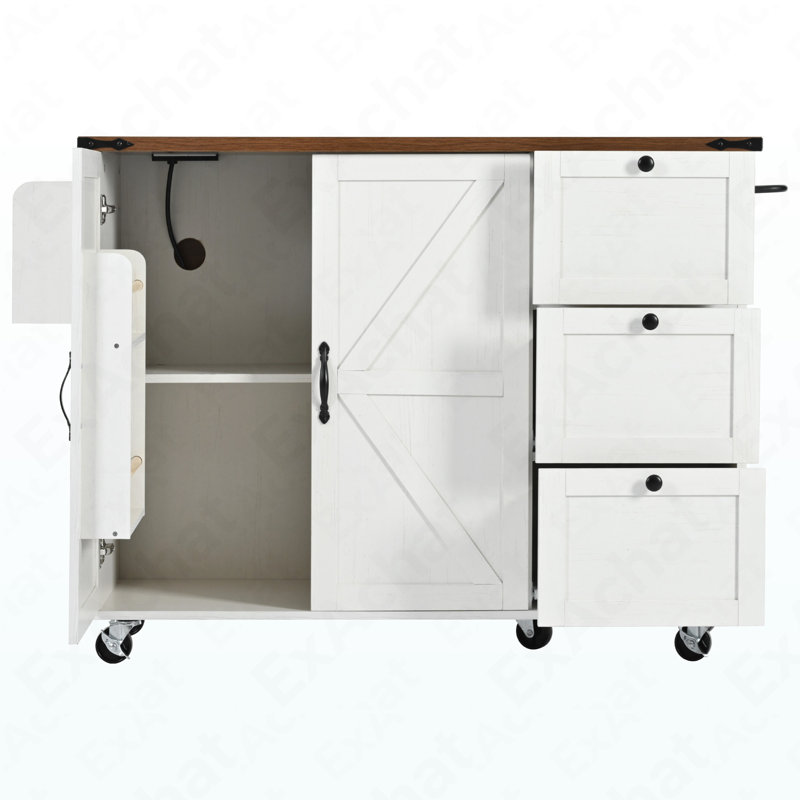 Îlot de cuisine de 54,5 po avec prise de courant, îlot de rangement de cuisine avec support de rangement interne, abattant, support à épices, chariot de cuisine sur roulettes, pour la maison, la cuisine et la salle à manger, blanc