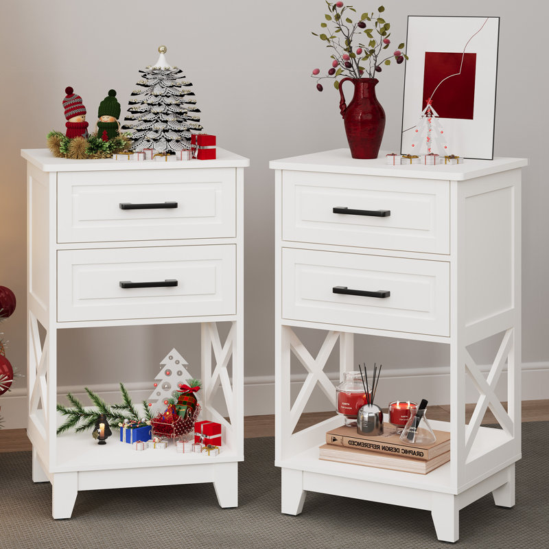 Table de chevet 2 tiroirs Havelka, Ensemble de 2, Blanc
