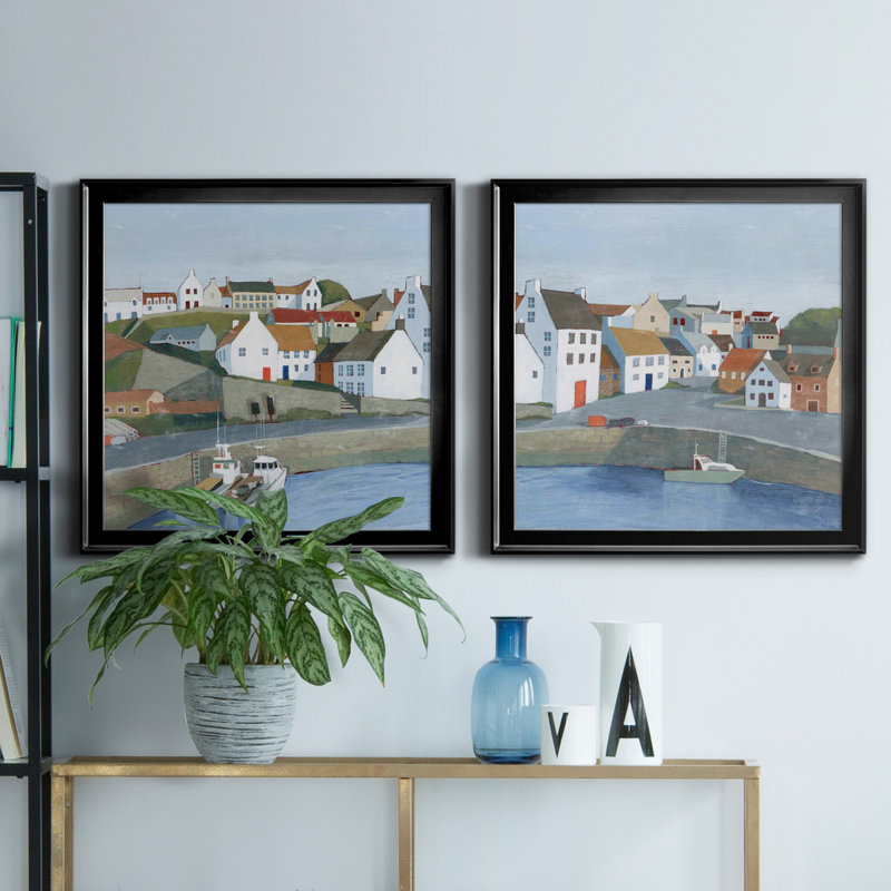 Ensemble de 2 cadres photo Old Coast Town I Old Coast Town I, H 17,5 po x l 35 po x P 1,5 po, Toile avec cadre noir