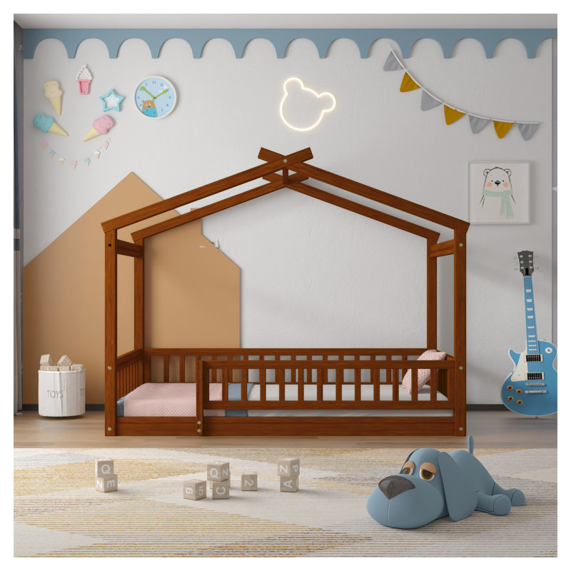 Structure de lit simple en bois avec clôture - maisonnette pour enfants en finition noyer pour garçons et filles, Lit simple