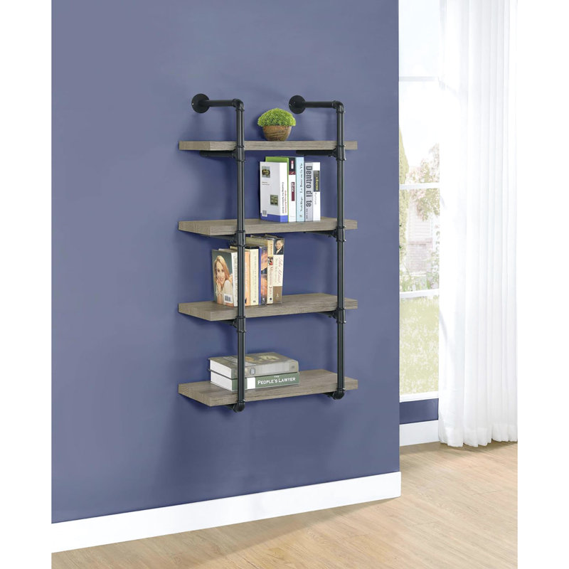 24-Inch Industrial Wall Shelf With Black And Grey Driftwood Metal - 4 Shelves, Adds Elegance To An Exceptional Office, Living Room, Kitchen Style 24-Inch, Transforms