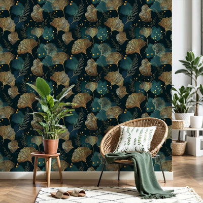 Peel and Stick Wallpaper Seamless golden gingko leaf An endless green leaves For Ideal for Contact Paper Removable Self Adhesive Wall Mural Wall Decor for Bedroom Kitchen Cabinets 24in x 118in
