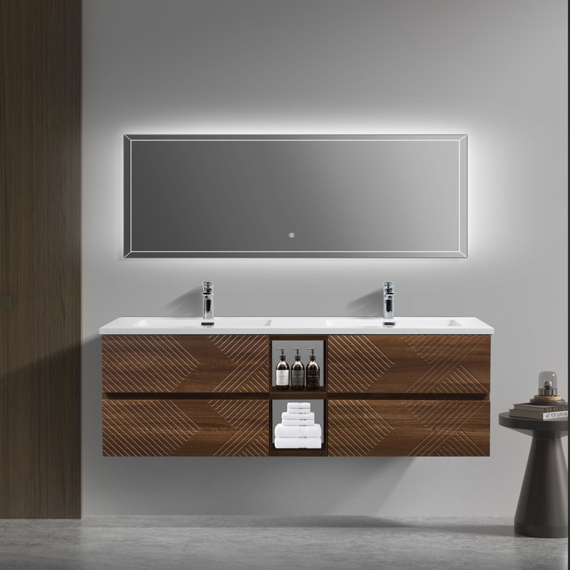 Coakley x 19 po P 4 tiroirs Meuble-lavabo mural avec évier double et Comptoir en Quartz noir d'ingénierie, Blanc