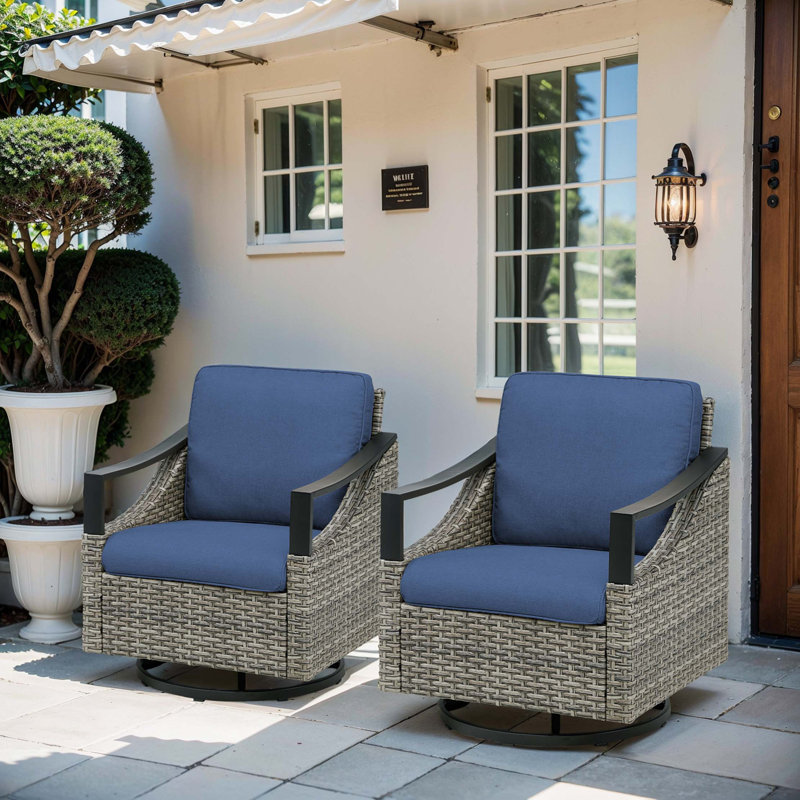 Ensemble de 2 chaises berçantes d'extérieur pivotantes avec osier et coussins toutes saisons, Bleu