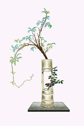 « fuji and tsubaki in a two story vase en bambou »-impression d’art graphique, 28" H x 42" W x 1.5" D