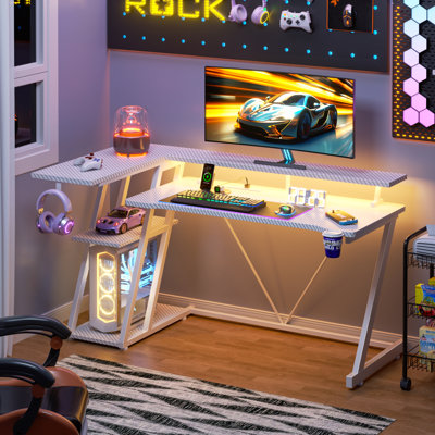 55"W Gaming Desk With Monitor Stand & Cpu Stand,Computer Desk With Power Outlet & RGB LED Lights,Home Office Desk With Cup Holder & Headphone Hook