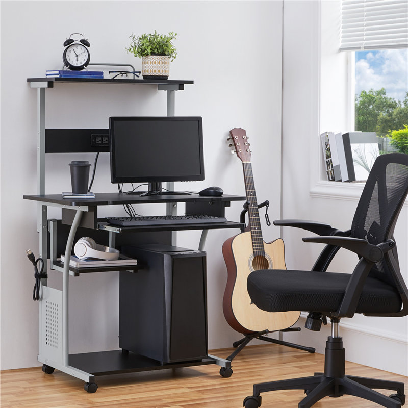 Bureau d'ordinateur à 3 niveaux avec station de charge Ulloa, Noir / gris