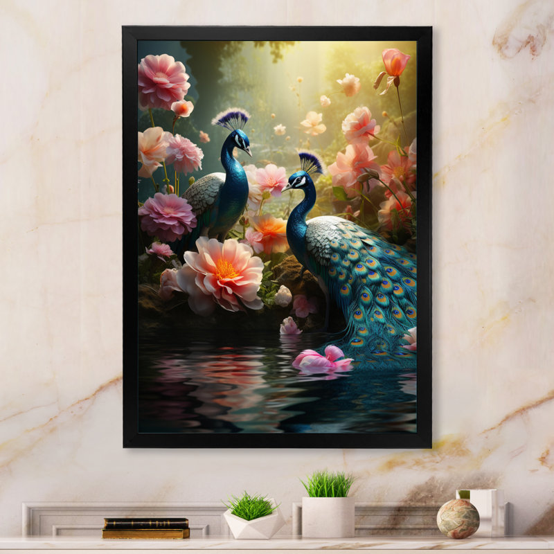 Yarami, sarcelle, corail, art indien dansant des paons - Art mural indien, H 32 po x l 16 po x P 1 po, Cadre simple noir