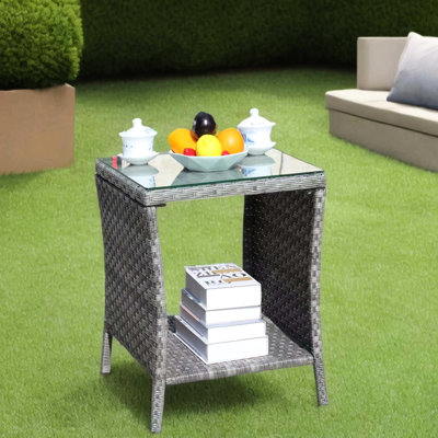 Table basse d'extérieur en verre trempé gris de 19,78 po x 19,78 po x 21 po et résistante à l'eau, assemblage requis, table de patio transparente avec cadre, protégée, requise