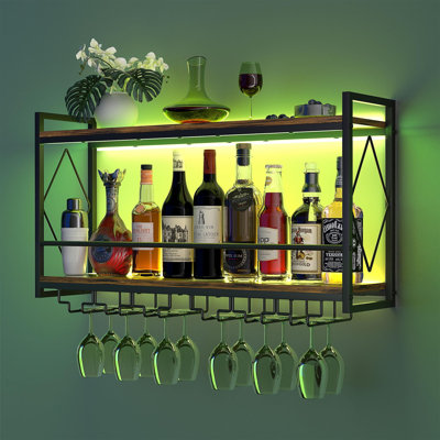 Wall Mounted Wine Rack With LED Light, 31.5" Bar Liquor Shelves With Glass Holder, Metal Hanging Bar Shelves Wine Storage Rack Display For Kitchen Hom