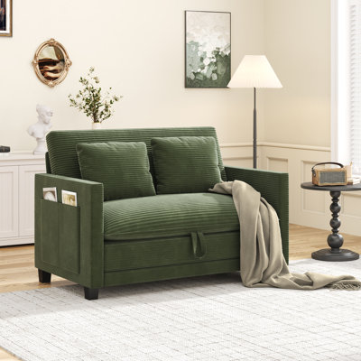 51" Convertible Sofa Bed With Storage Pockets & 2 Pillows, Modern 2-In-1 Folding Corduroy Fabric Loveseat For Small Spaces, Green