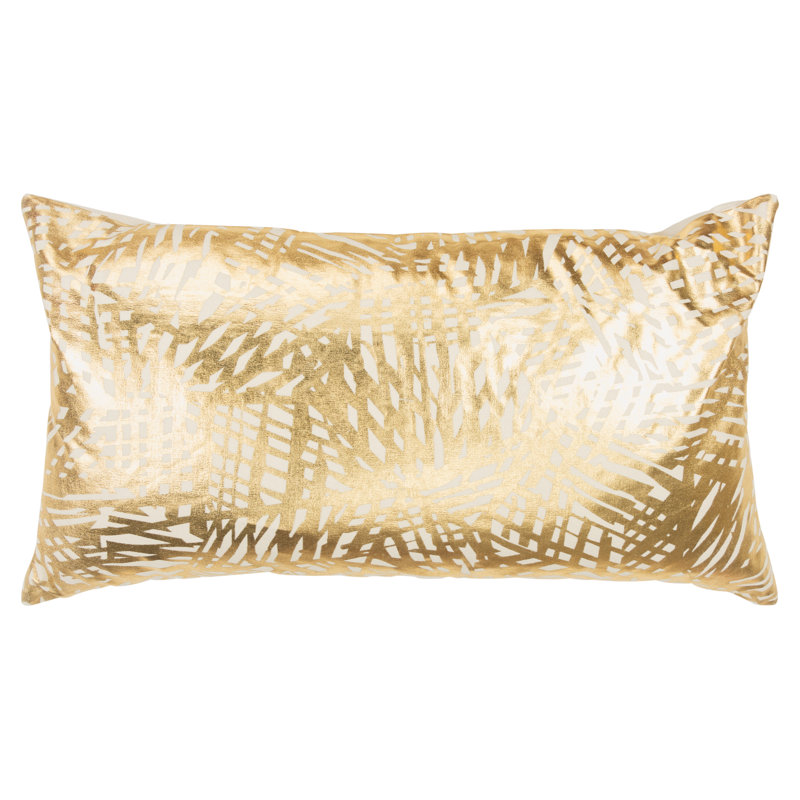 Gold and White Cotton Lumbar Pillow with Etched Pattern
