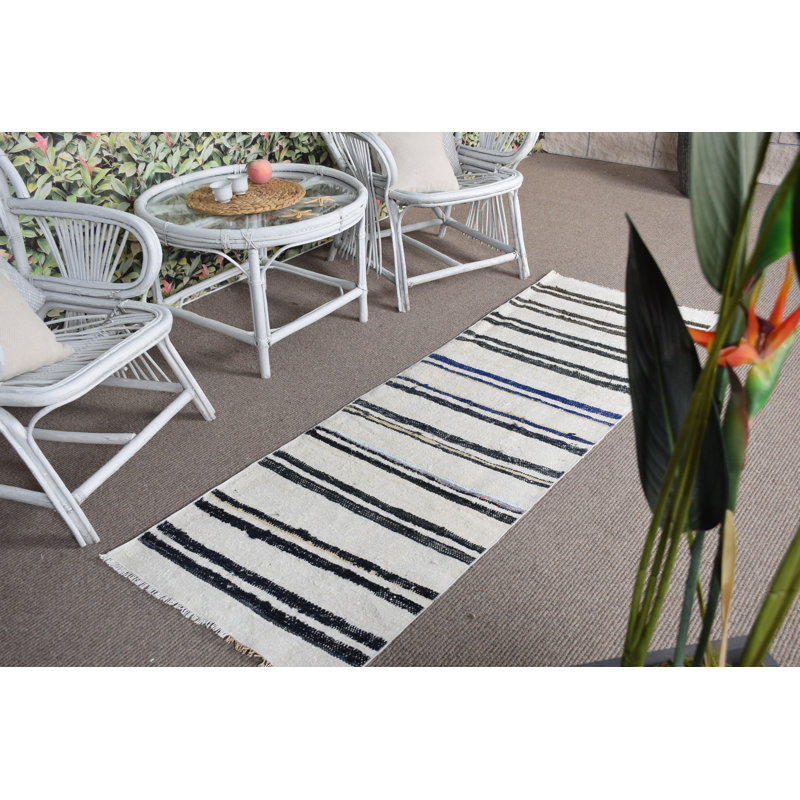 Tapis de couloir rétro en chanvre turc avec rayures - Accent de couloir oriental blanc antique