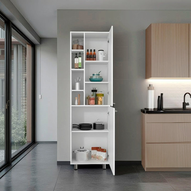 Kitchen Pantry With 2 Doors, Adjustable Shelves, Side Shelves, Compact Storage Cabinet
