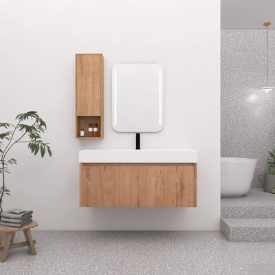 Meuble-lavabo mural 48 po avec lavabo en résine et armoire latérale, armoire à portes à fermeture douce