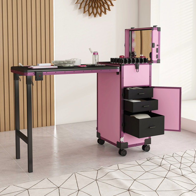 Table portable Nail Art avec miroir DEL, Bluetooth, tiroirs verrouillables, poteau télescopique - station de manucure pliante pour les salons