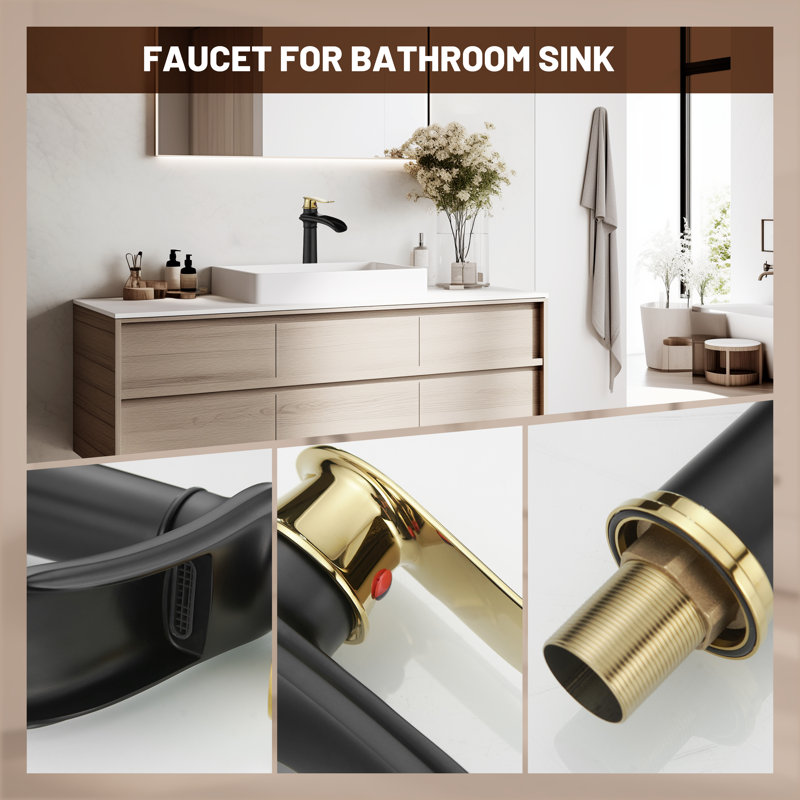 VanoFall Waterfall Vessel Gold Single Hole, Single Handle With Drain Assembly, Black Gold