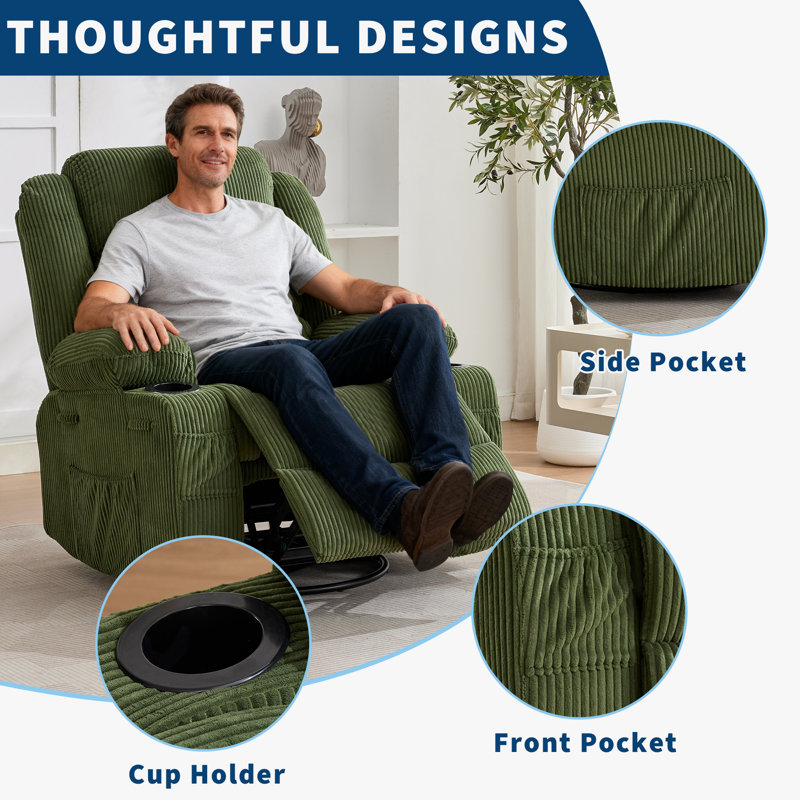 Fauteuil inclinable pivotant à 360 ° avec porte-gobelet et siège profond rembourré pour le salon, Velours côtelé vert