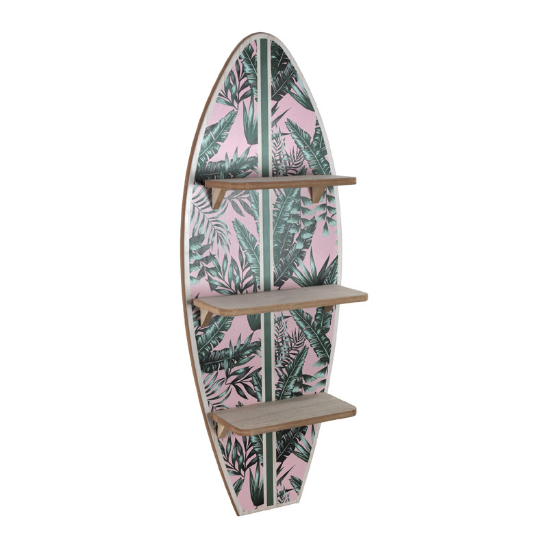 Tropical Palm Leaves Surfboard Wall Shelf - Pink & Green