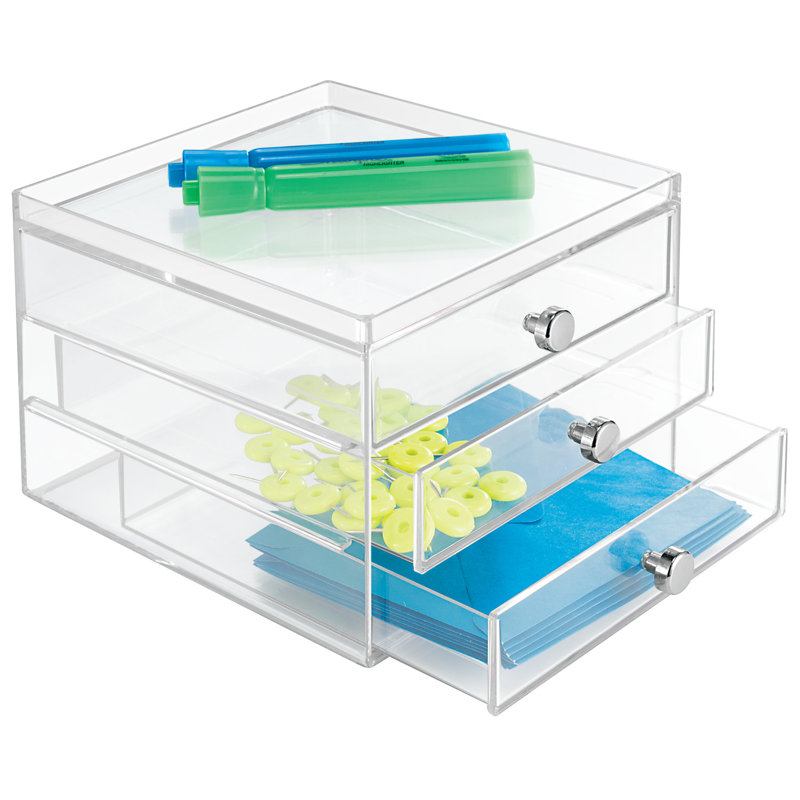 Clear Plastic 3-Drawer Slim Desk Organizer with Chrome Knobs