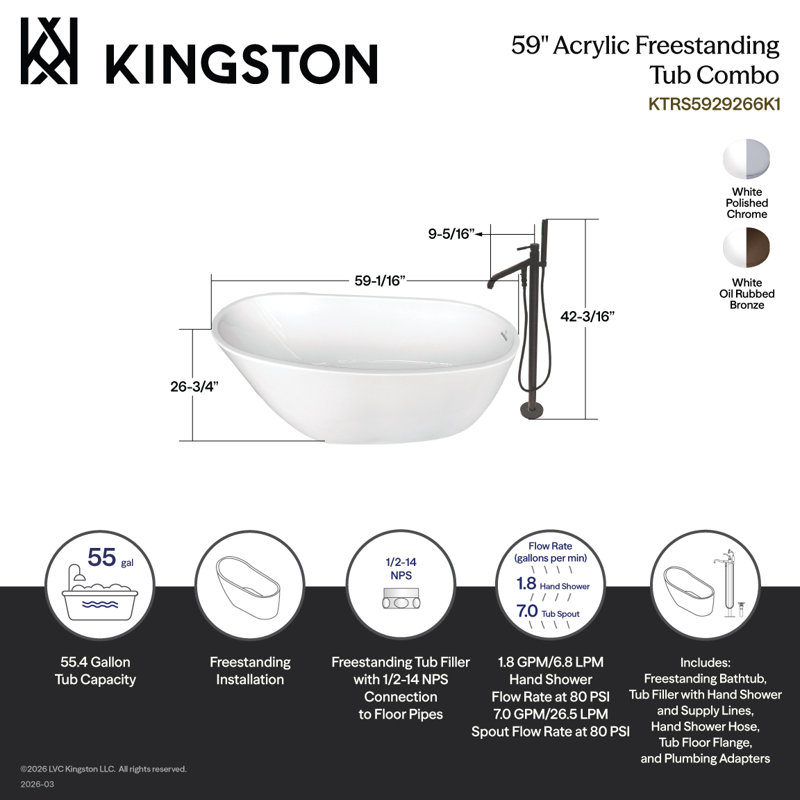 Kingston Brass Aqua Eden 59-Inch Acrylic Oval Single Slipper Freestanding Tub with Faucet Combo and Drain