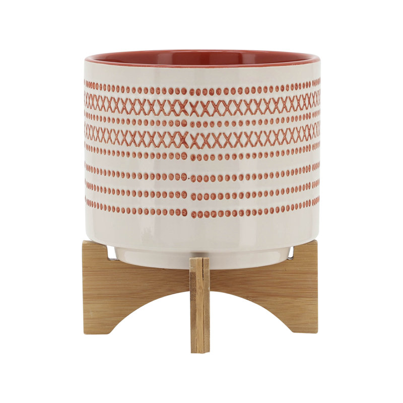 Ceramic Planter for Indoor and Outdoor Use Orange Planter with Aztec Design on Wooden Stand, Red, 9" H x 8" W x 8" D