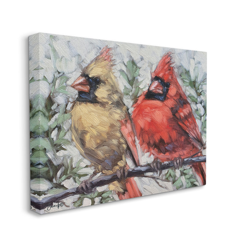 Deux arbres cardinaux perchés d'hiver - peinture sur toile tendue, H 24 po x l 30 po x P 1,5 po