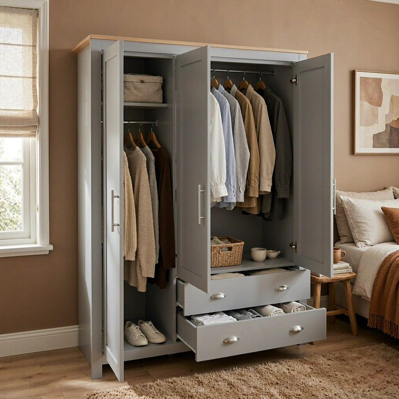 Armoire-penderie moderne 67,9 "à 3 portes avec 2 tringles, 2 tiroirs et tablettes pour la chambre à coucher, gris