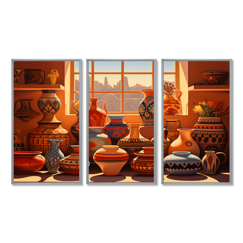 «Mexicain terre cuite vases fenêtre vue coucher de soleil», Cadre argenté flottant, H 28 po x l 36 po x P 1 po