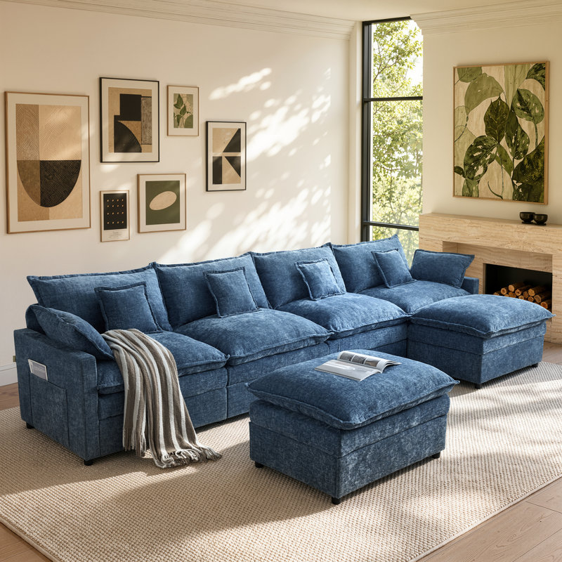 Canapé d'angle en L 6 places de 142 pouces avec 2 poufs amovibles, revêtement en chenille de 26 pouces de profondeur et 4 coussins décoratifs