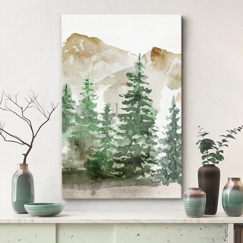 Paysage de forêt Woodland «Watercolor Pastel Green Mountain Pine Tree Forest Woodland» sur, Toile tendue, H 48 po x l 32 po