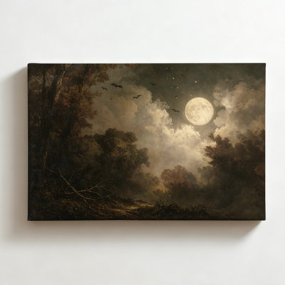 Forêt au clair de lune avec chauves-souris, peinture à l'huile romantique et atmosphérique sur toile, décoration murale automnale vintage pour salon ou chambre, 40 x 60 cm