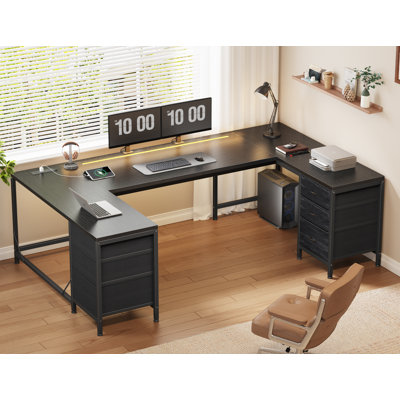 Bureau d'ordinateur en forme de U de 66,9 po avec 6 tiroirs en tissu et grand bureau, bureau d'ordinateur avec multiprise intégrée et bande lumineuse à DEL réglable, bureau robuste pour le bureau à domicile