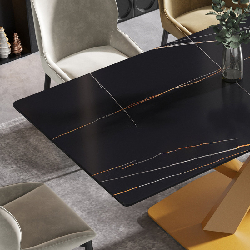 Sintered Stone Dining Table, 29.53” H x 63" W x 35.4" D, Black, Gold
