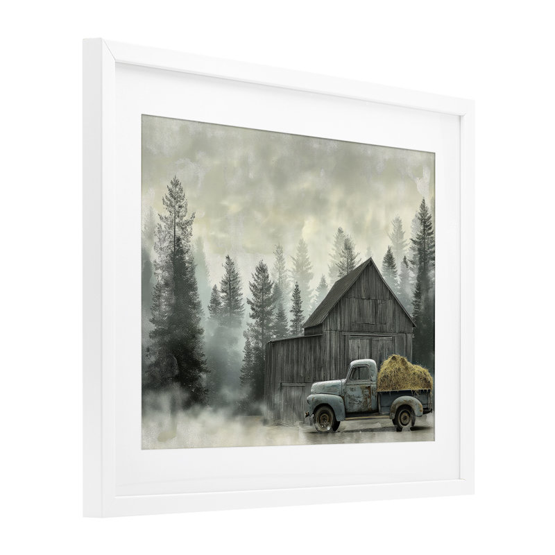 Impression rétro sous verre «Pickup at Misty Barn», conception par Imagine It Images, H 17 po x l 21 po