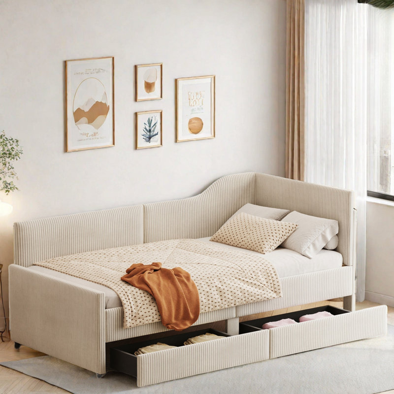 Lit de jour rembourré en C avec 2 tiroirs de rangement Crain, Beige