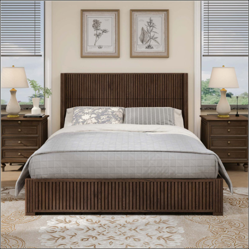 Structure de lit plateforme en bois avec tête de lit, aucun sommier requis, lit sur pied, assemblage facile, Walnut, Queen
