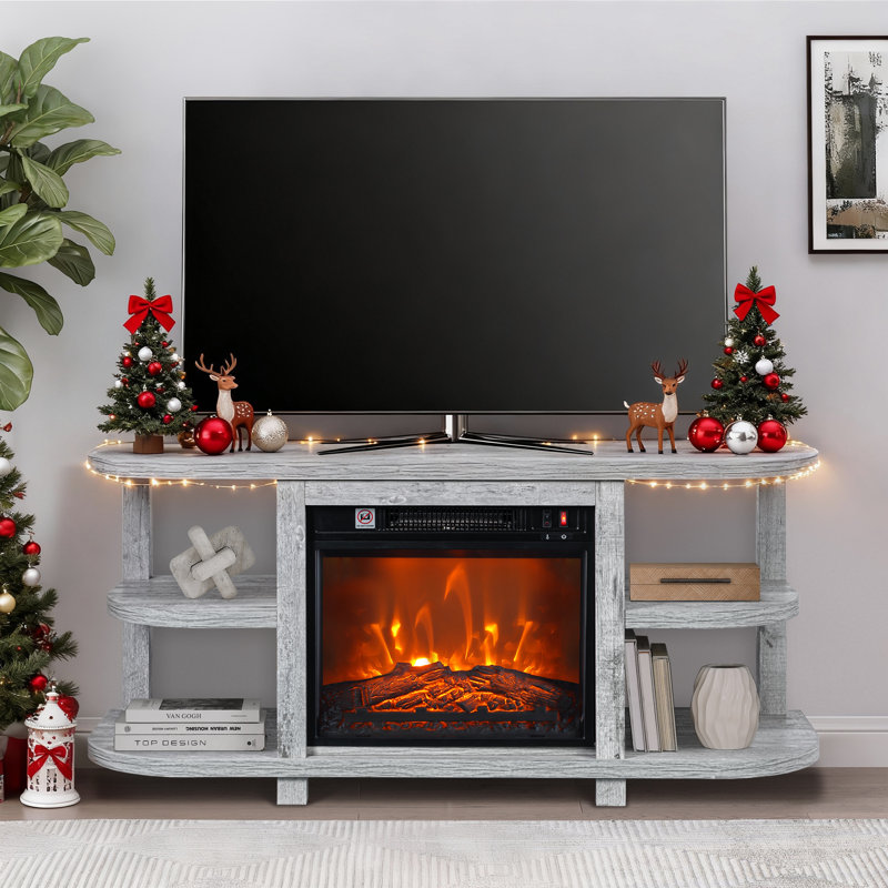 48" TV Stand With 18" Insert Electric Fireplace And Open Storage Shelves Media Console For Tvs Up To 55", Light Gray
