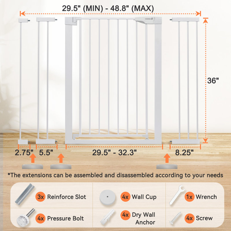 36" Tall Auto Close Walk Thru Safety Gate 29.5"-48.8" Wide, White