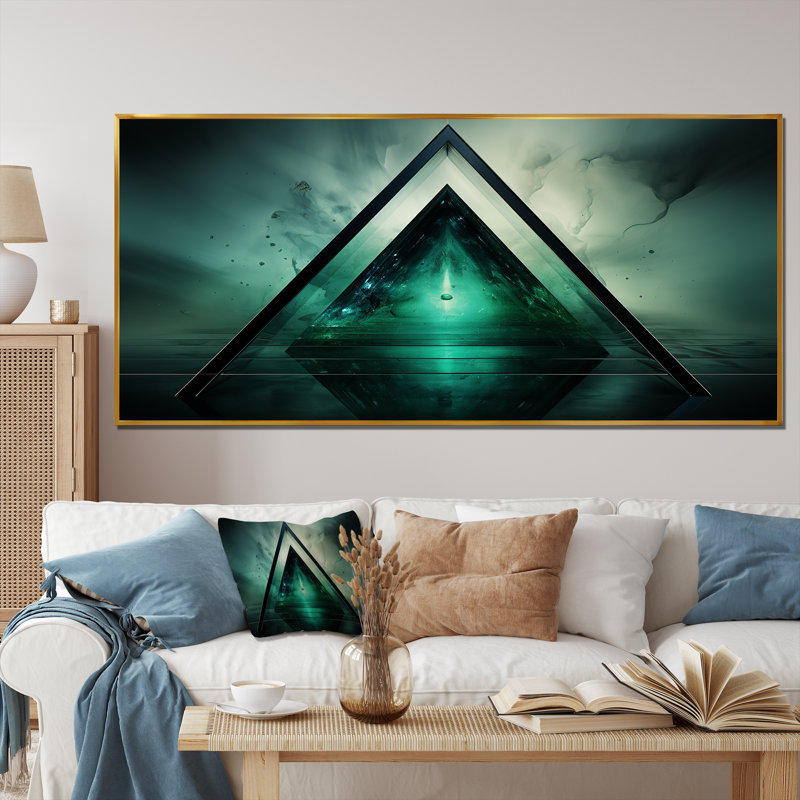 «Green Abstract Echoes Of Piramid I» - art mural géométrique, Cadre flottant doré, H 28 po x l 60 po x P 1,5 po