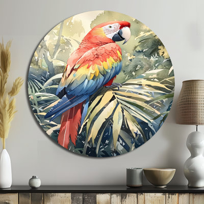 Coraliz - Modern Red Metal Art Print, Bird Round Metal Wall Art