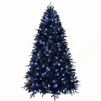 5ft Black Christmas Tree with 250 White LED Lights, Perfect for Halloween and Holiday Decor, Hinged Structure, Stable Metal Stand