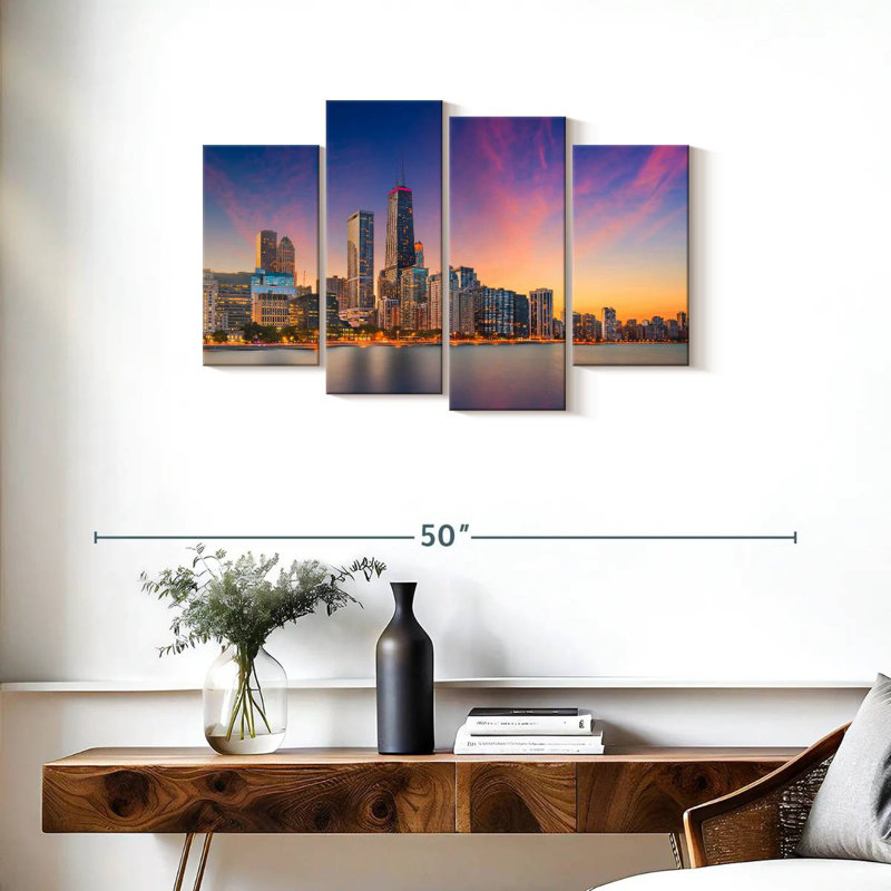 Nicci, Chicago, coucher de soleil, paysage urbain, H 22 po x l 36 po