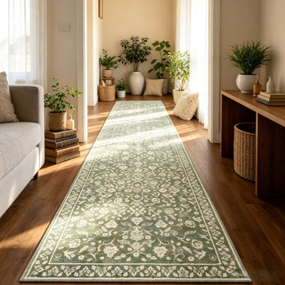 Sage Green Beige Vintage Runner 2'x12' Non-Slip Rubber Backed