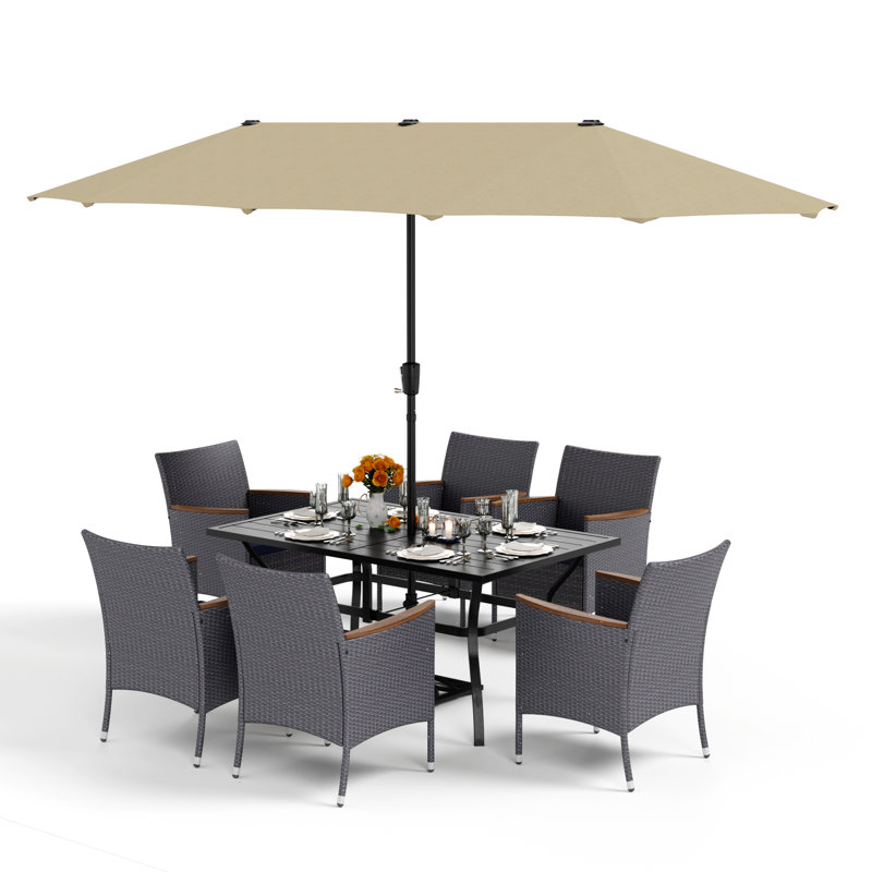 Ensemble de salle à manger 7 pièces en acier et osier en rotin avec parasol et coussins bleu marine